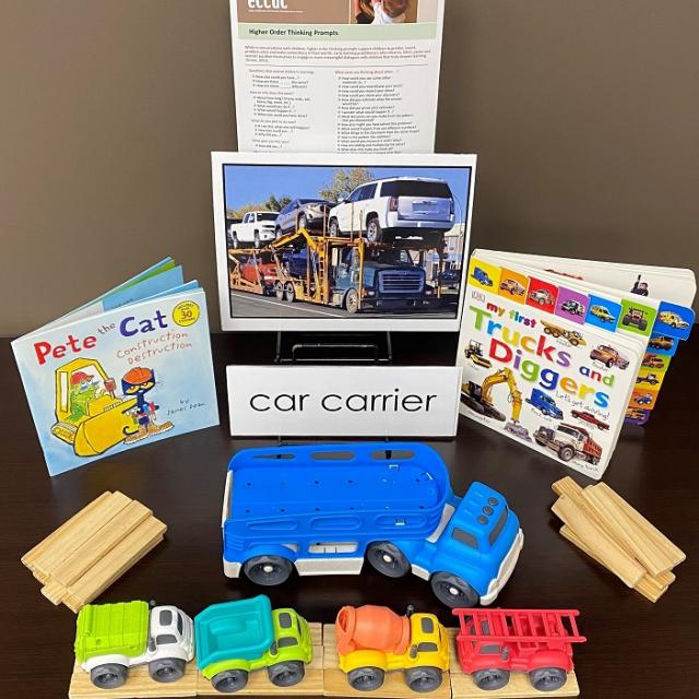 Building, Technology & Block Center Materials: Car Carrier with Construction Vehicles and Wooden Blocks